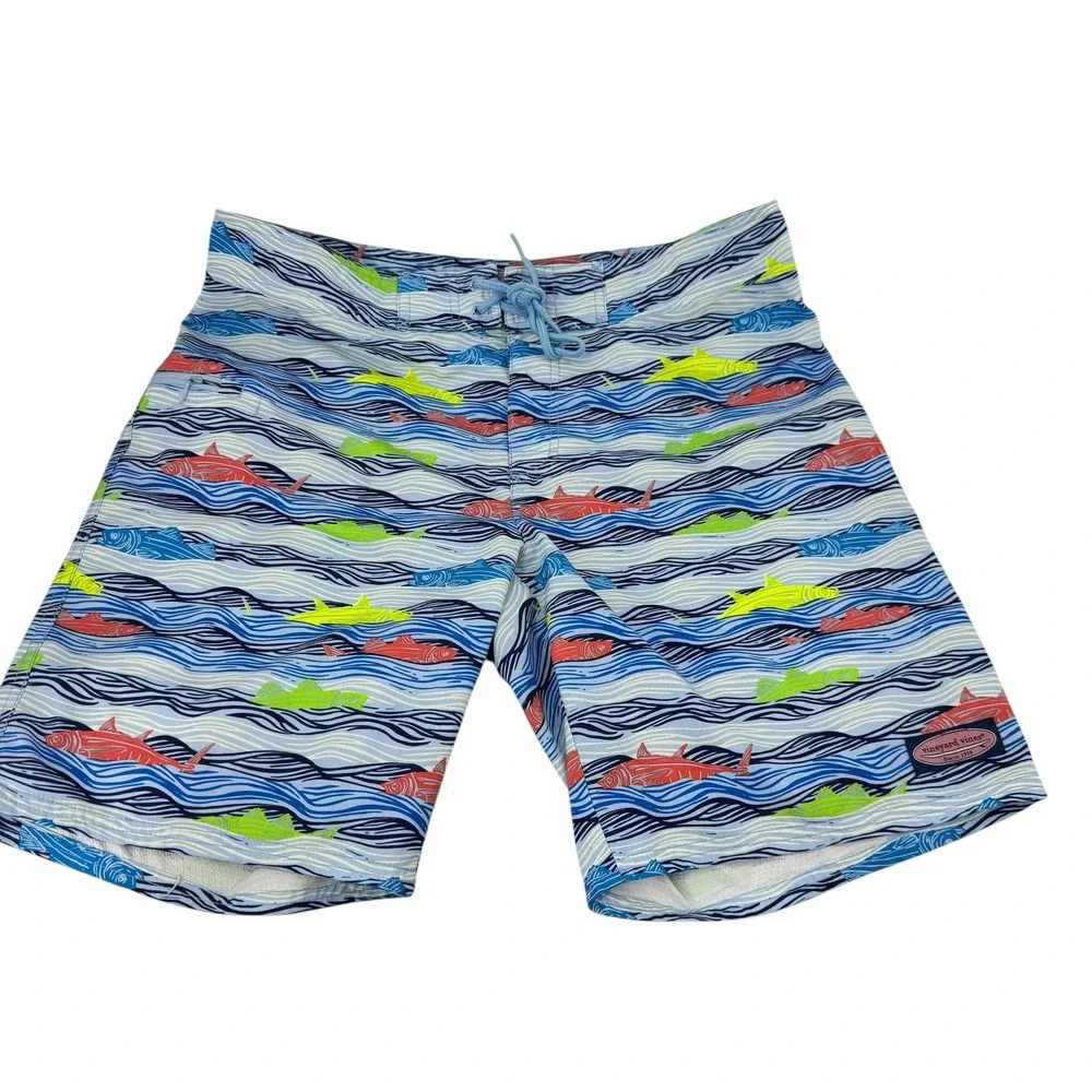 Vineyard Vines Mens 33 Board Shorts Blue Fish‎ Wave Print Swim Trunks Nautical